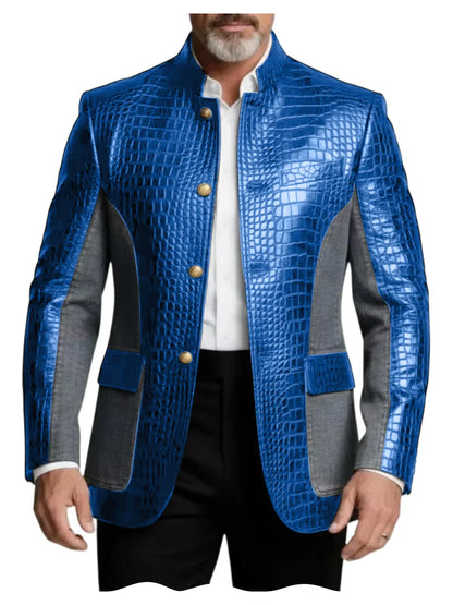 Men's Crocodile Embossed Leather Brown Jacket Patchwork Denim Stand Collar Slim Fit Luxury PU Blazer For Business Casual Party