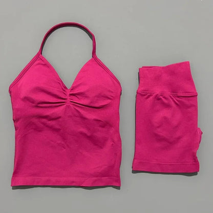 No Logo 2 Pies Sports Set Women Backless Tank Yoga Tops High Waist Scrunch Seamless Shorts Sport Gym Set Sportswear Workout Set