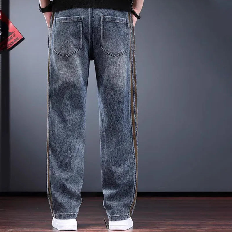 Korean Men'S Jeans Fashion Casual Pants Retro Men'S Straight Leg Pants Side Striped Denim Drawstring Pants