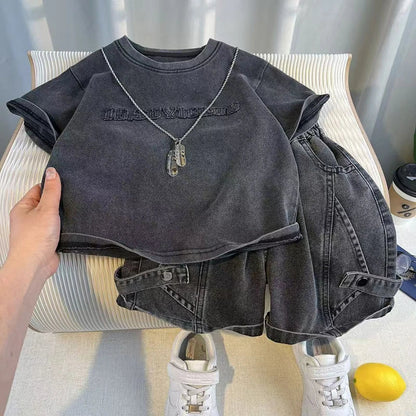 Toddler Boys 2Pcs Summer Outfits Letter Short Sleeve T-Shirt Washed Denim Shorts Set Kids Boys Casual Streetwear Clothes 2-6Year