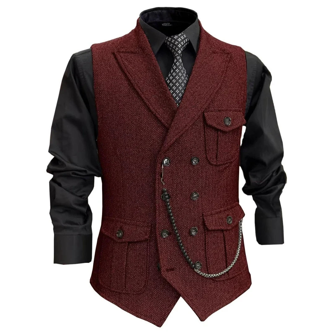Men Vest GrayHerringbone Double Button With Pocket Waistcoat For Wedding Party Banquet Business Casual Daily Work Men Suit Vest