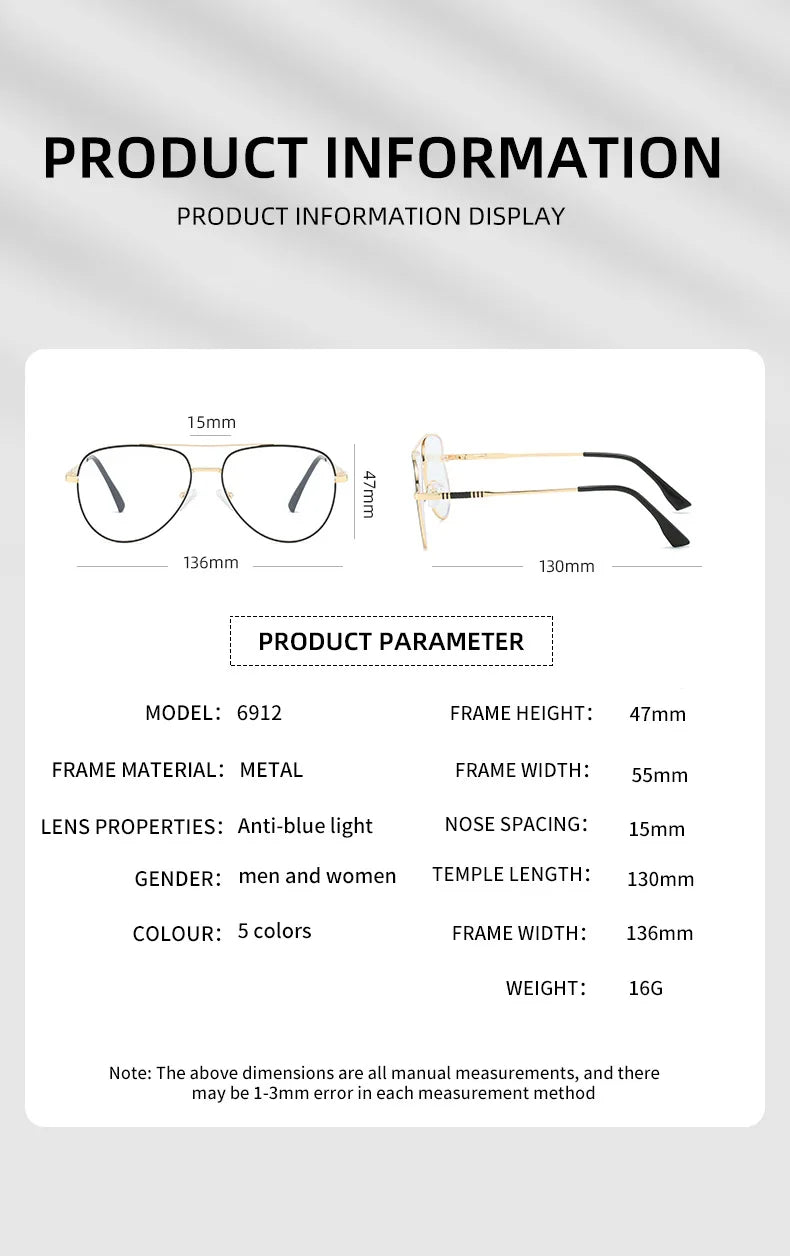 Double Bridge Anti-Blue Light Reading Glasses Men's Metal Pilot Style Leisure Travel Customized Prescription Myopia RS6912
