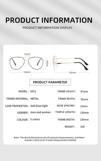 Double Bridge Anti-Blue Light Reading Glasses Men's Metal Pilot Style Leisure Travel Customized Prescription Myopia RS6912