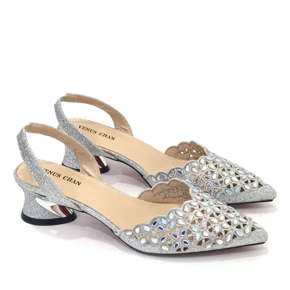 Low Heel Shoes for Women Hollowed Out Embroidery Rhinestone Italian Design Gold Color Pointed-Toe Shoes and Bags Set