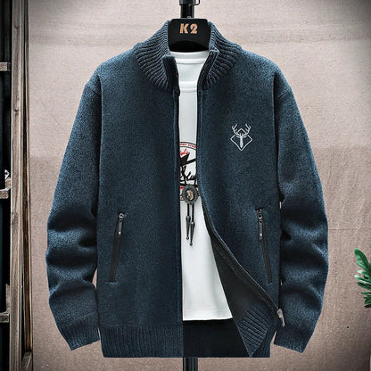 New Men's Fleece Cardigan Sweater Embroidery Casual Knit Sweater Jacket High Quality Male Autumn Winter Clothing