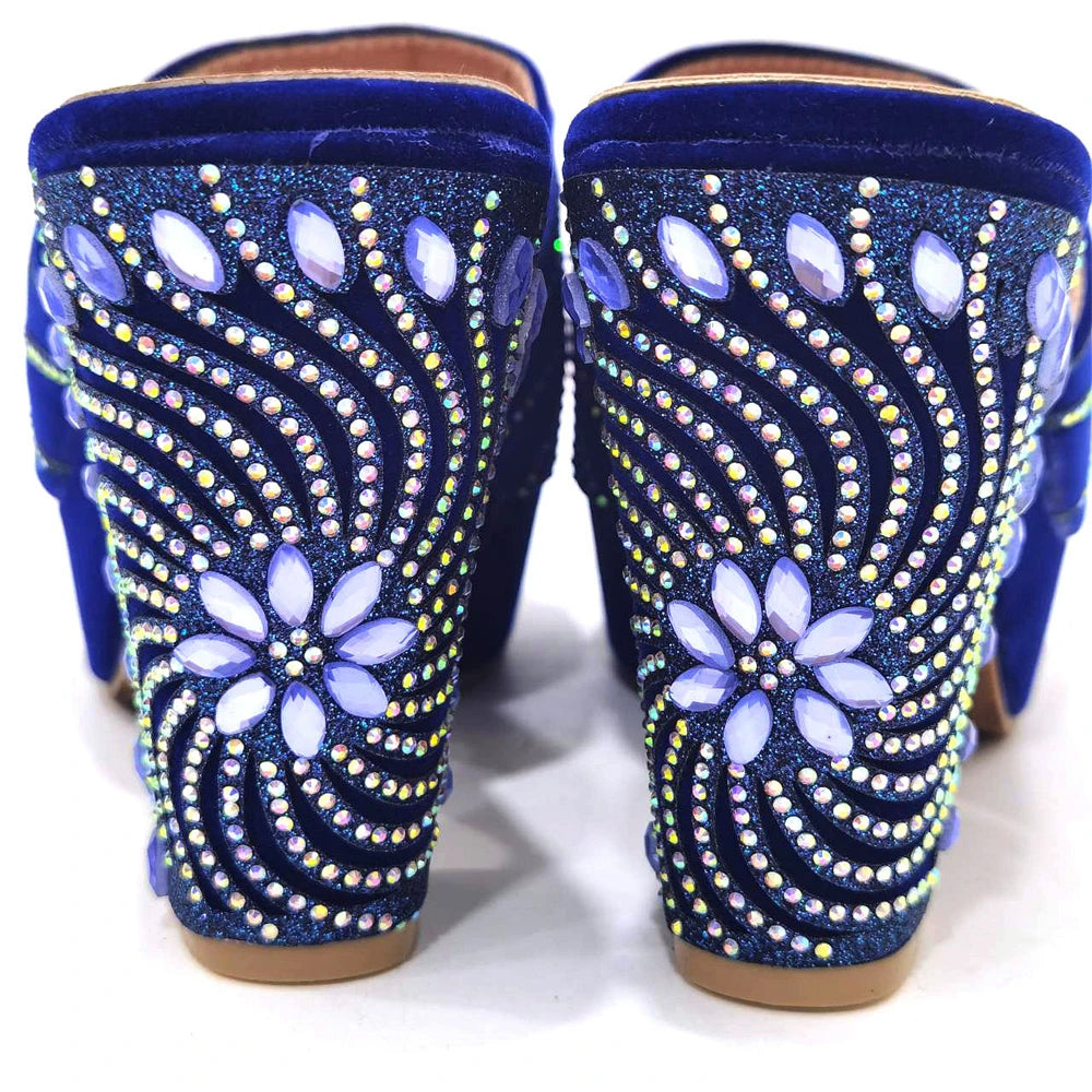 2023 The Latest Italian Design Rotary Rhine-Diamond Floral Thick Heel Platform Women's Comfortable Shoes Bag and Shoe Set