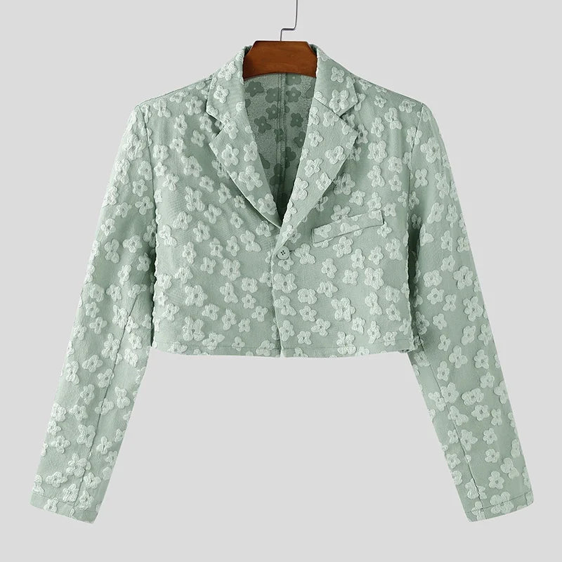 Men Blazer Flower Jacquard Lapel Long Sleeve Crop Coats Men Streetwear Autumn 2025 One Button Fashion Casual Male Suit