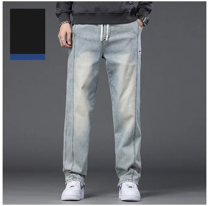 Autumn Winter Blue Jeans Men Drawstring Elastic Waist Cotton Cargo Denim Pants Work Fashion Thick Trousers Male Plus Size M-4XL