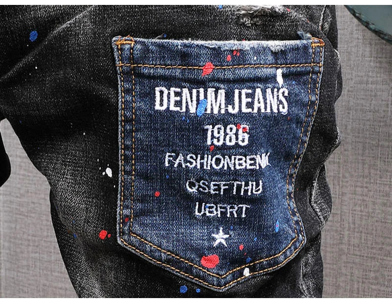 Fashion Streetwear Men Jeans Retro Black Blue Elastic Slim Fit Ripped Jeans Men Spliced Designer Embroidery Hip Hop Denim Pants