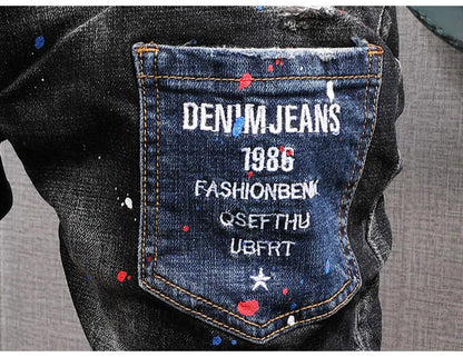 Fashion Streetwear Men Jeans Retro Black Blue Elastic Slim Fit Ripped Jeans Men Spliced Designer Embroidery Hip Hop Denim Pants