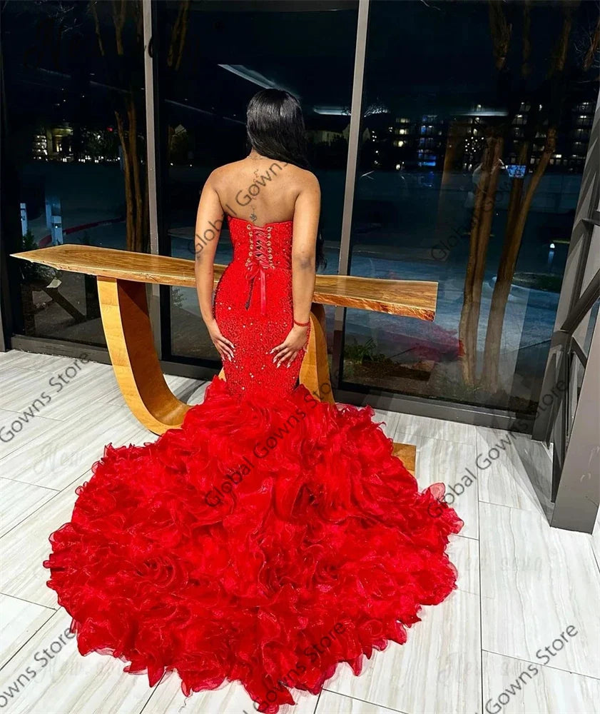 Red Strapless Sequin Long Prom Dresses Black Girl Bead Crystal 2024 Birthday Luxury Dress Tassel Ruffles Evening Gown Customized