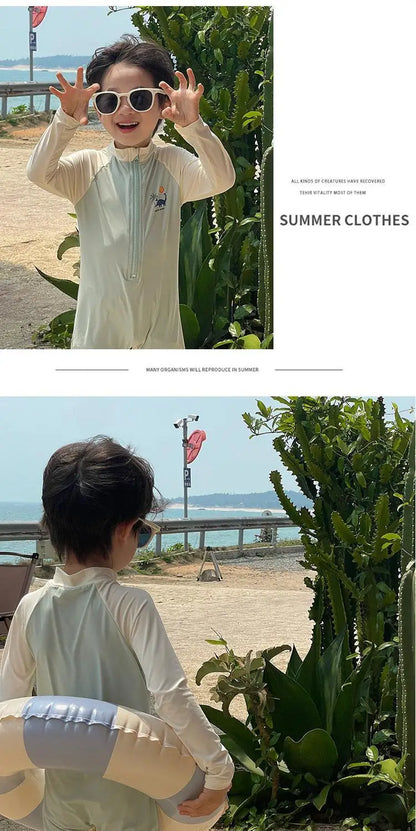 Summer Kids Swimwear Boys Beach Wear Plaid One-piece & Split Long Sleeve Boys Swimwear with Cap Sunscreen Baby Clothes