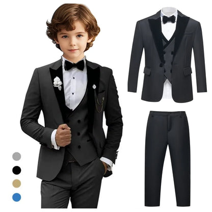 Four Pieces Boys Formal Suit Set, Velvet Collar Blazer Vest Pants Bow-tie Tuxedo Pants, Homecoming Children Wedding Suits