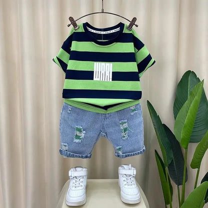 Korean Baby Boys Summer Sets Children's Clothing Short-Sleeved Letter T-Shirt & Denim Shorts Kids Boys Outfits Clothes 2-11Y