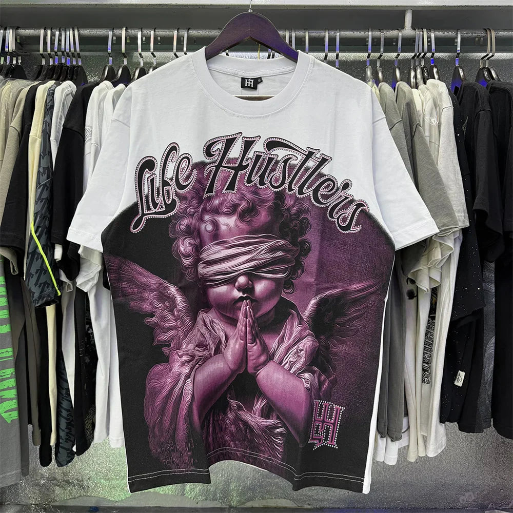 Masked Angel letter Rhinestone print Short Sleeve T shirts Men Women Fashion Harajuku Loose cotton casual Shinning Diamond Tees