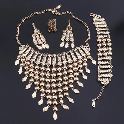 New Tassels Silver Plated Necklace Earrings Bracelet Ring Set for Women Bridal Chains Ethinc Wedding Jewelry Bride Gifts