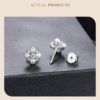 Four-leaf Clover Moissanite Earrings, Natural Freshwater Pearls Round Cut Lab Created Diamond Wedding Stud Earrings S925