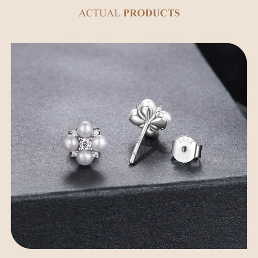 Four-leaf Clover Moissanite Earrings, Natural Freshwater Pearls Round Cut Lab Created Diamond Wedding Stud Earrings S925