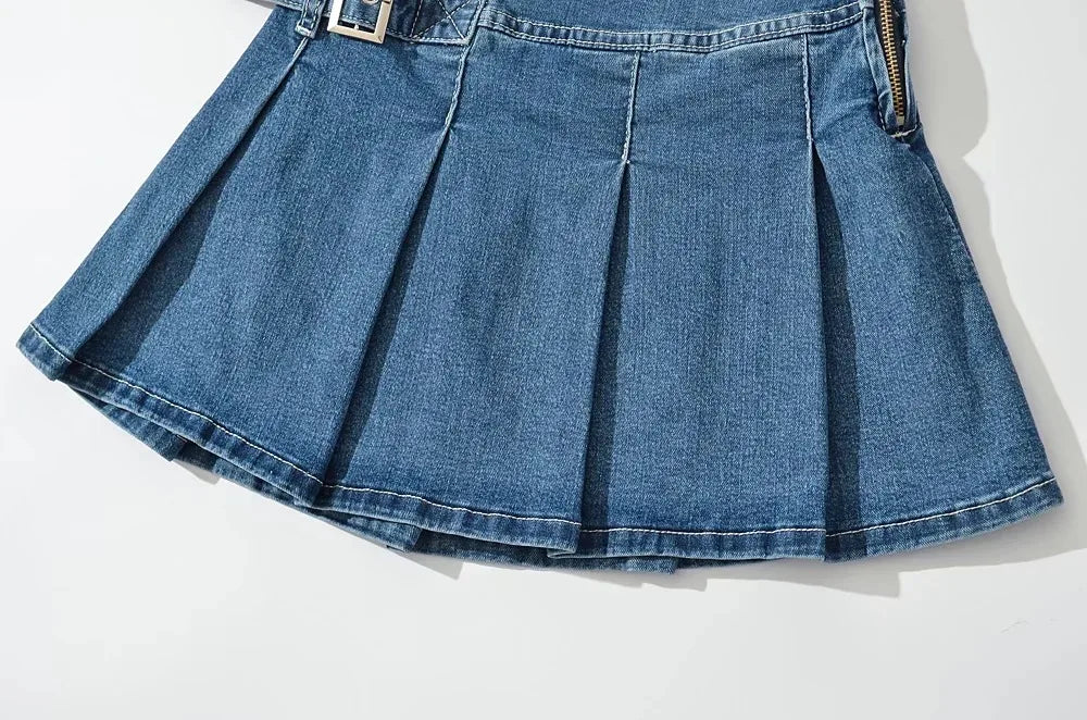 2025 Summer New TARUXY Denim Y2k Skirt with Pleats and Belt 90s E-girl Korean Skirts For Women High Street Jeans Short Bottom