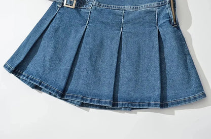 2025 Summer New TARUXY Denim Y2k Skirt with Pleats and Belt 90s E-girl Korean Skirts For Women High Street Jeans Short Bottom