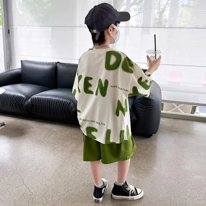 Printed Short Sleeve Children's Boy's Clothing Summer Suit Set Tees Tracksuit T-shirts Boy´s Elementary Student Men's Clothes