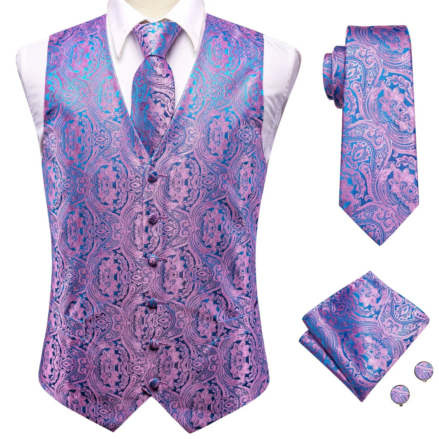 Purple Silk Mens Waistcoat Tie Set Sleeveless Jacket Suit Vest Necktie Hanky Cufflinks Wedding Business Oversized