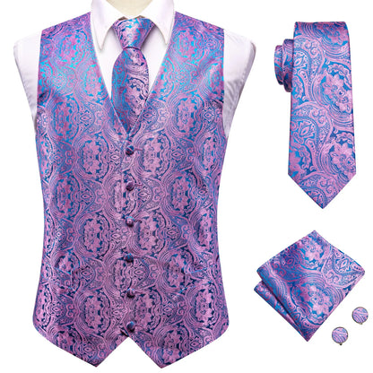 Purple Silk Mens Waistcoat Tie Set Sleeveless Jacket Suit Vest Necktie Hanky Cufflinks Wedding Business Oversized