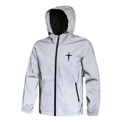 Men's Night Reflective Jacket Fashion Cross Printed Windproof Hooded Coats Streetwear Outdoor Cycling Jogger Safety Outerwear