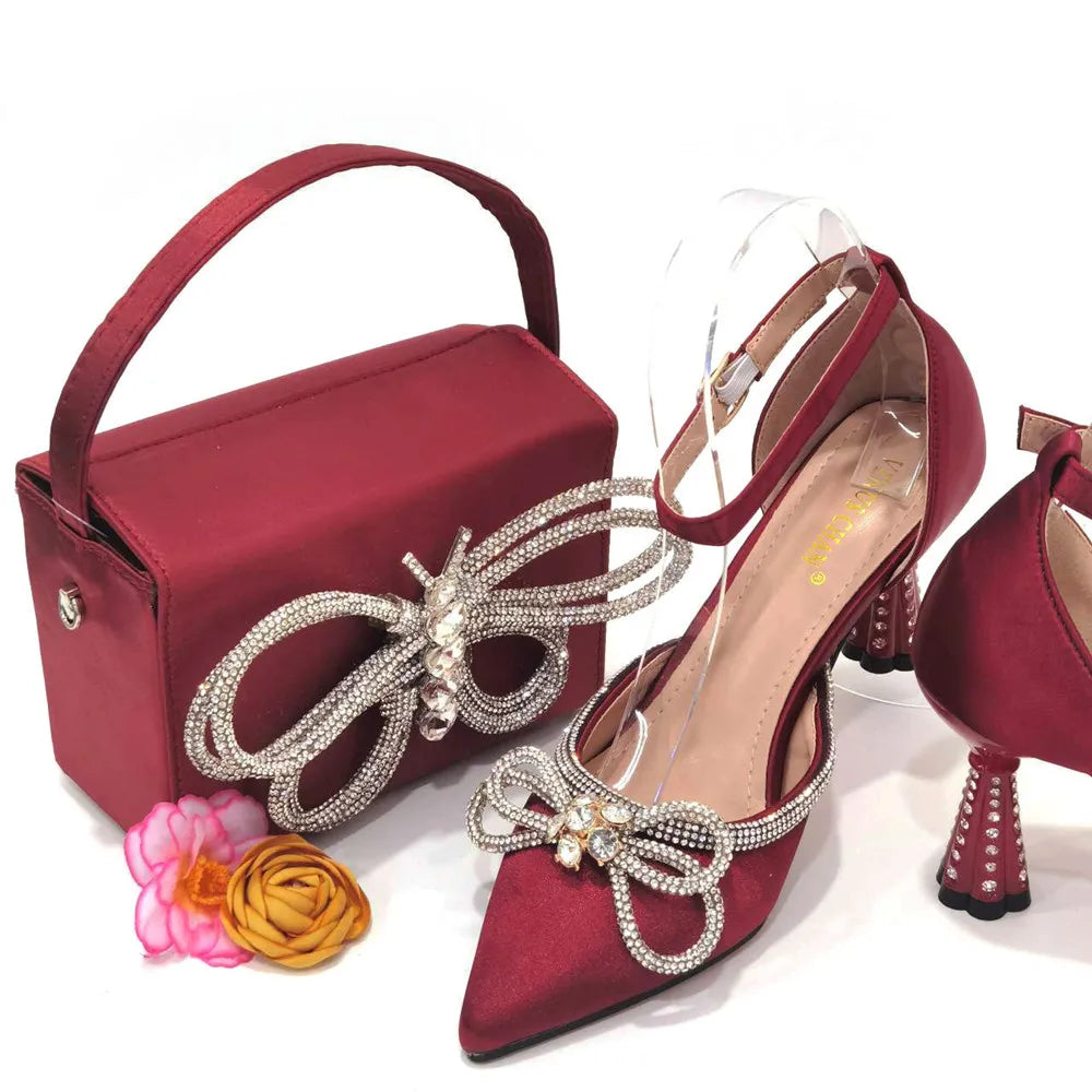 2023 Ladies Pointed-Toe Party High Heels Magenta Colour Bow Rhinestone Stereo Bag Evening  African Wedding Shoe And Bag Set