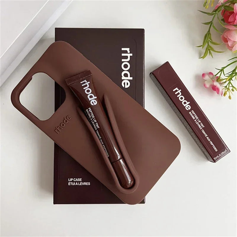 Phone Case with Box and Lipstick for IPhone 15 16 14 13 12 11 Pro Max Plus 17 Air Lip Gloss Portable Soft Silicone Shockproof
