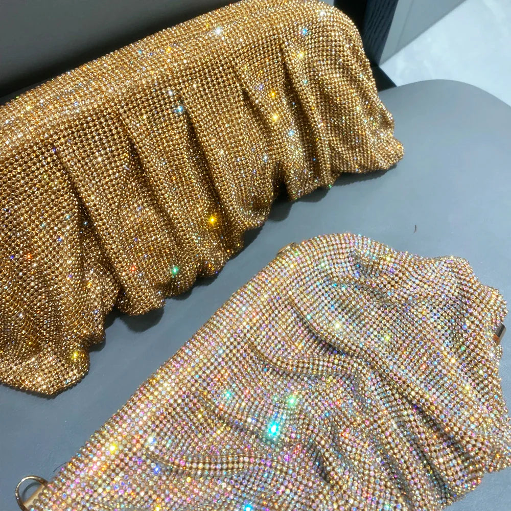 Shiny Handle Rhinestones Handmade Evening Clutch Bags New Folds Purses And Handbags Luxury Designer Wedding Party High Quality