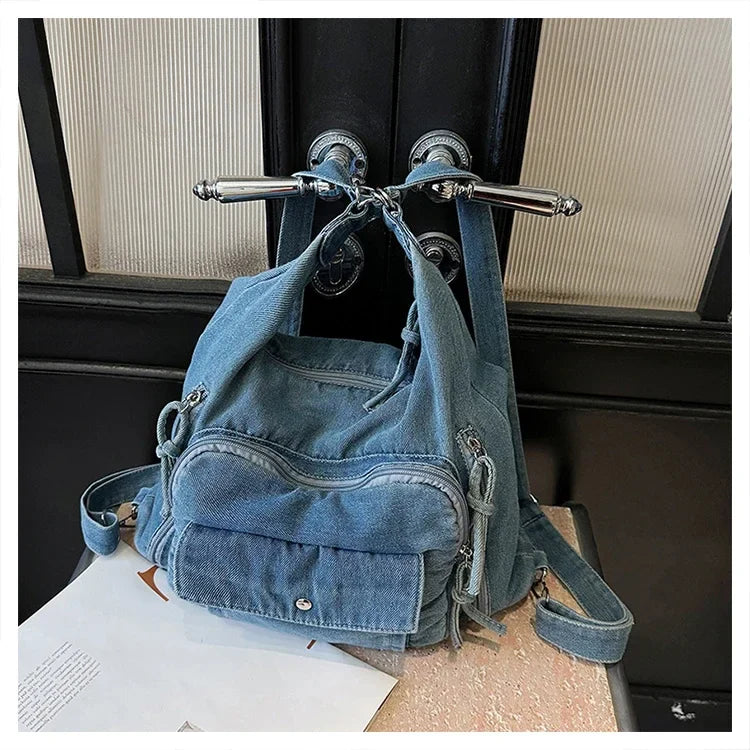 Solid Color Denim Trendy Shoulder Bag for 2025 High Quality Fashion Zipper Large Capacity Versatile Women's Crossbody Bag