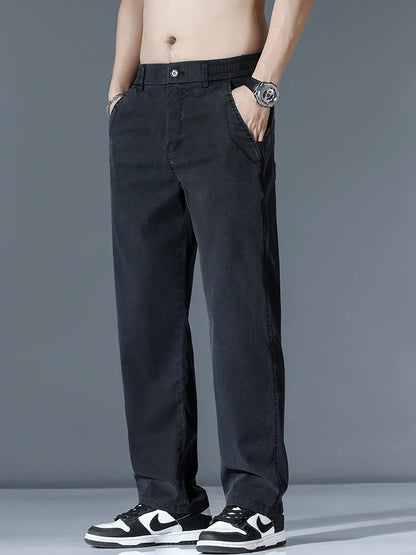 Ultra-thin Lyocell Fashion Loose Casual Pants Men Spring Summer Korean Straight Stretch Brand Trousers Male Clothing Wide Pants