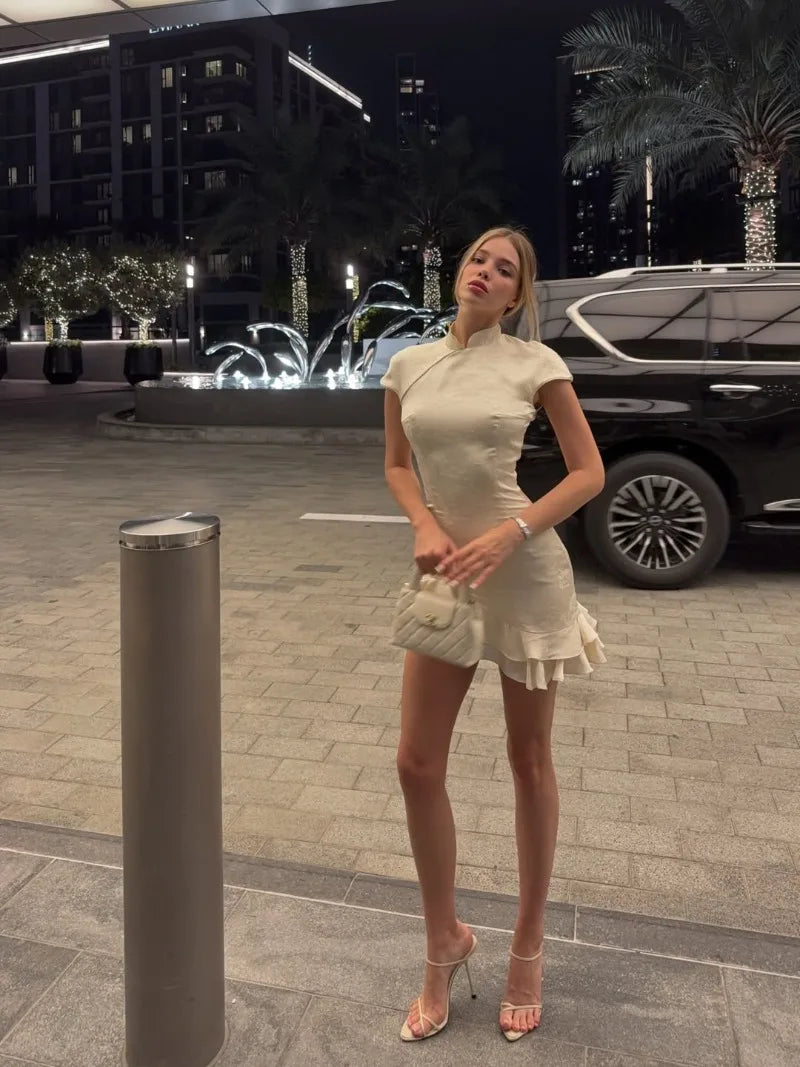Women's Elegant Satin Evening Dress Fashion Stand Neck High Waist Slim Mini Dresses Party Sexy Short Sleeve Ruffle Dress