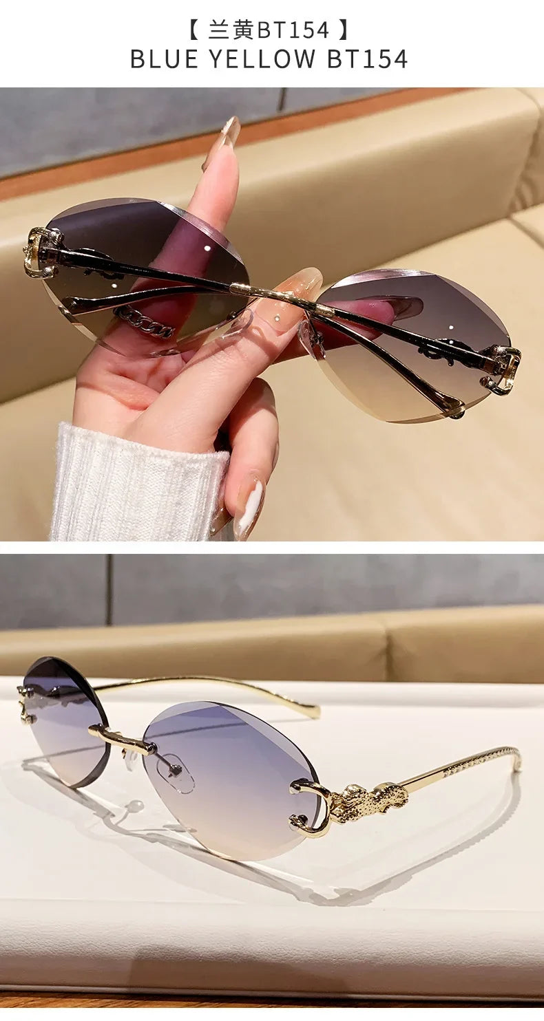 2026 New Fashion Leopard Head Frameless Oval Sunglasses Women Men Internet Celebrity Female Sunscreen Sun Glasses High-end UV400
