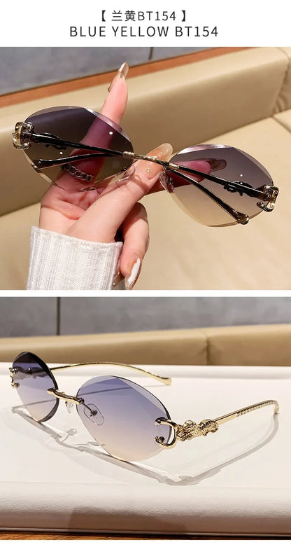 2026 New Fashion Leopard Head Frameless Oval Sunglasses Women Men Internet Celebrity Female Sunscreen Sun Glasses High-end UV400