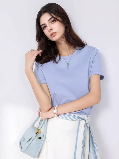 Women Solid T shirts, Silk Cotton Blend, O Neck, Short Sleeved Solid Tee,2025 Summer Candy Colors Basic Cozy Top Green