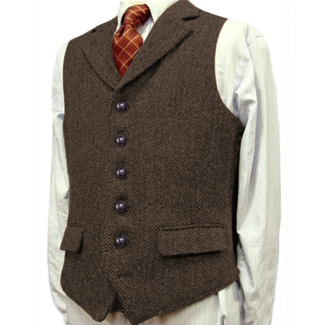 Men Vest Brown With Lapel Boutique Herringbone Single Button Fit Waistcoat Casual Formal Business Wedding Daily Men Suit Vest