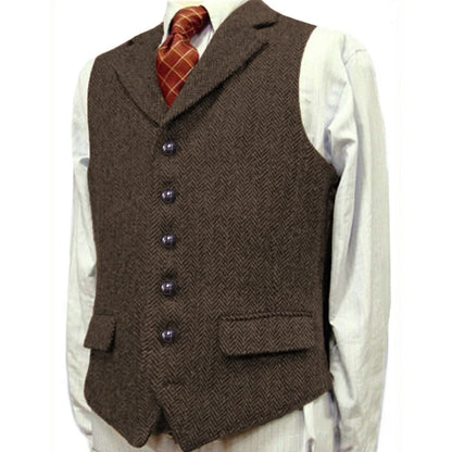 Men Vest Brown With Lapel Boutique Herringbone Single Button Fit Waistcoat Casual Formal Business Wedding Daily Men Suit Vest
