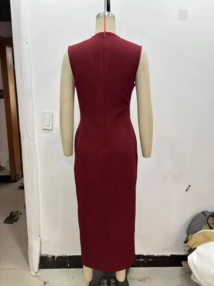Female Summer Elegant Midi Dress O-Neck Hem Slit With Belt Sleeveless Single Breasted Back Zipper Fashion Long Dress