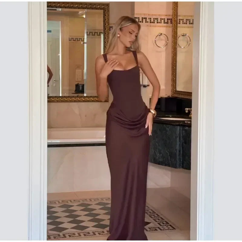 Sexy Square-neck Halter Long Dress Women 2025 Pleated Sleeveless Backless High Waist Bodycon Dresses New Summer Lady Party Gowns