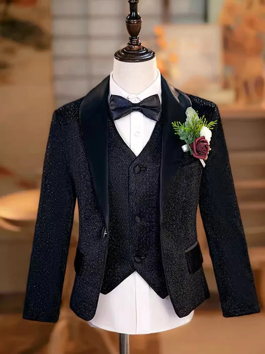 Boys Black Shining Jacket Vest Pants Host Photography Suit Children Luxurious Performance Costume Kids Wedding Tuxedo Dress