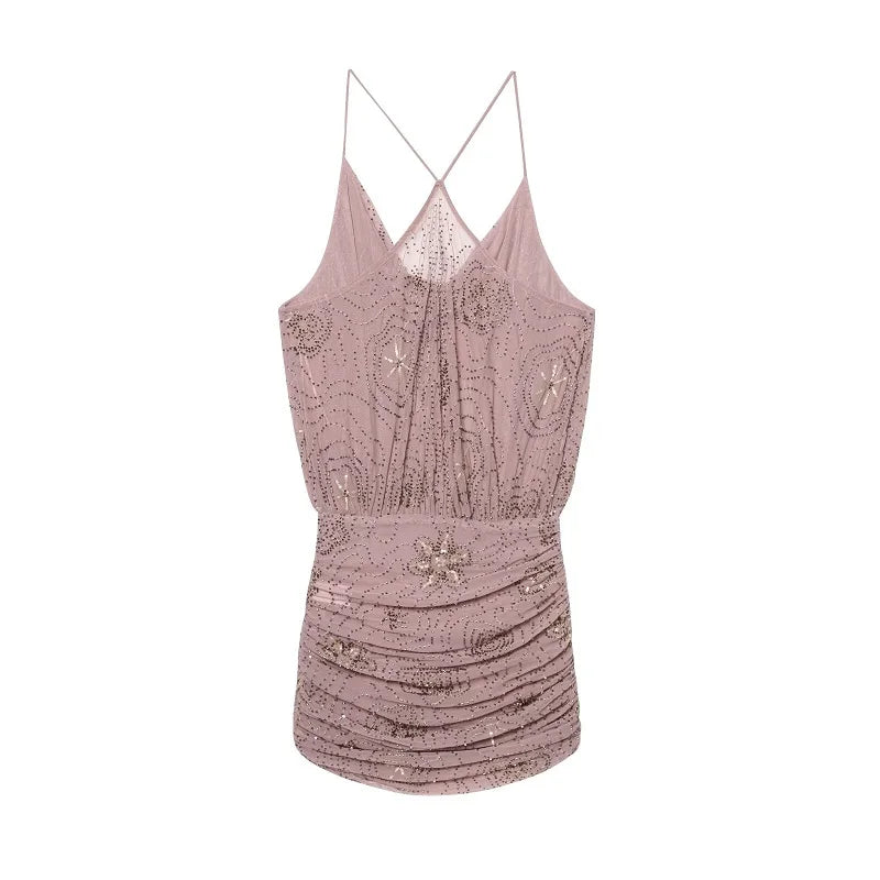 Sequin Tulle Mini Dress Women Ruched Slip Short Dresses for Woman Luxury Party Women's Dress Sexy Backless Dress Women