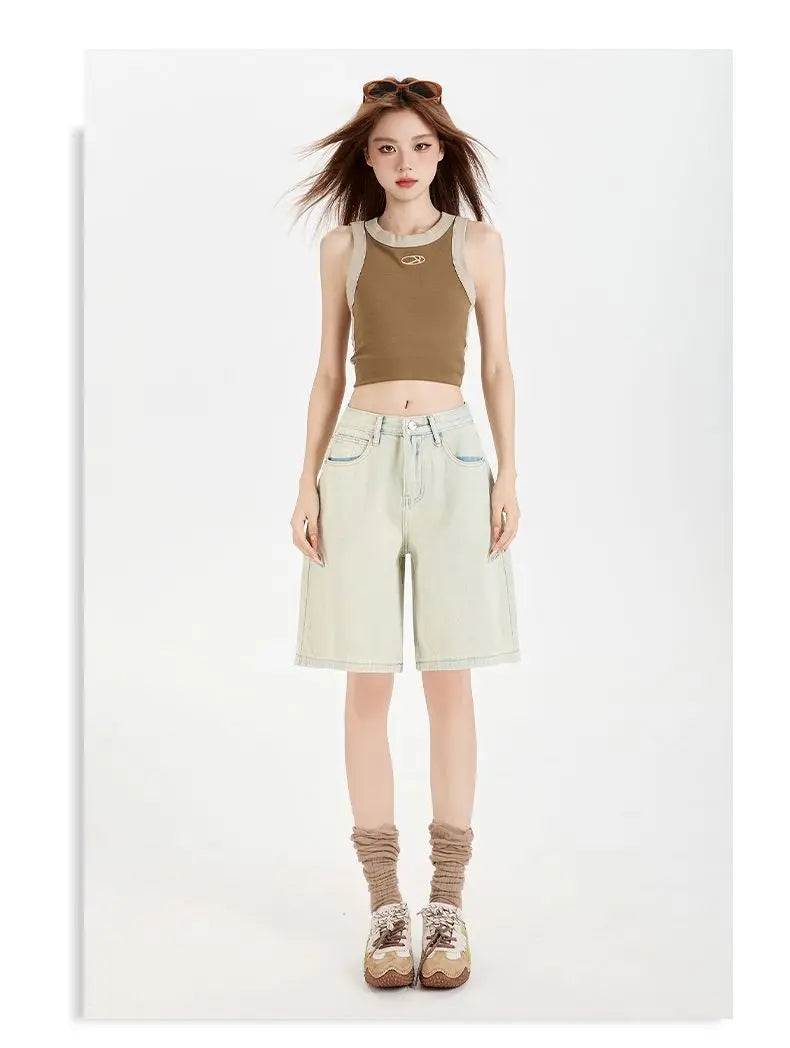 Women's High Waist Wide Leg  Y2K American Retro Washed Five-Point Denim Shorts Summer Loose Slim Straight Cut Mid-Length Pants