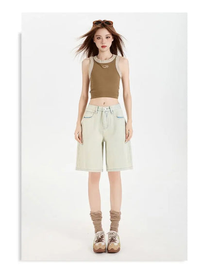 Women's High Waist Wide Leg  Y2K American Retro Washed Five-Point Denim Shorts Summer Loose Slim Straight Cut Mid-Length Pants