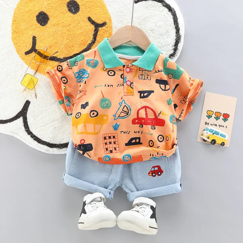 High-Quality Baby Boys Polo Shirt + Handsome Denim Shorts 2-Piece Set Children's Girls Clothing Summer