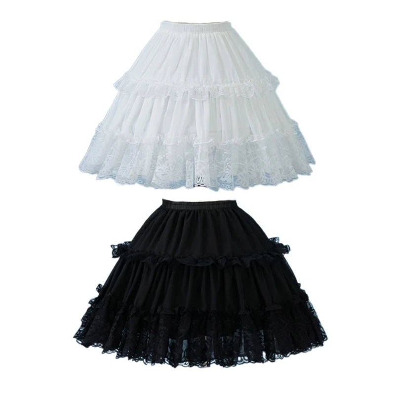 Womens Elastic Waist 2 Hoop Petticoat Ruffle Lace Short Half Slip Underskirt