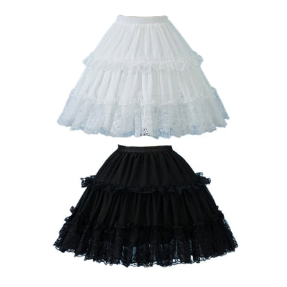 Womens Elastic Waist 2 Hoop Petticoat Ruffle Lace Short Half Slip Underskirt