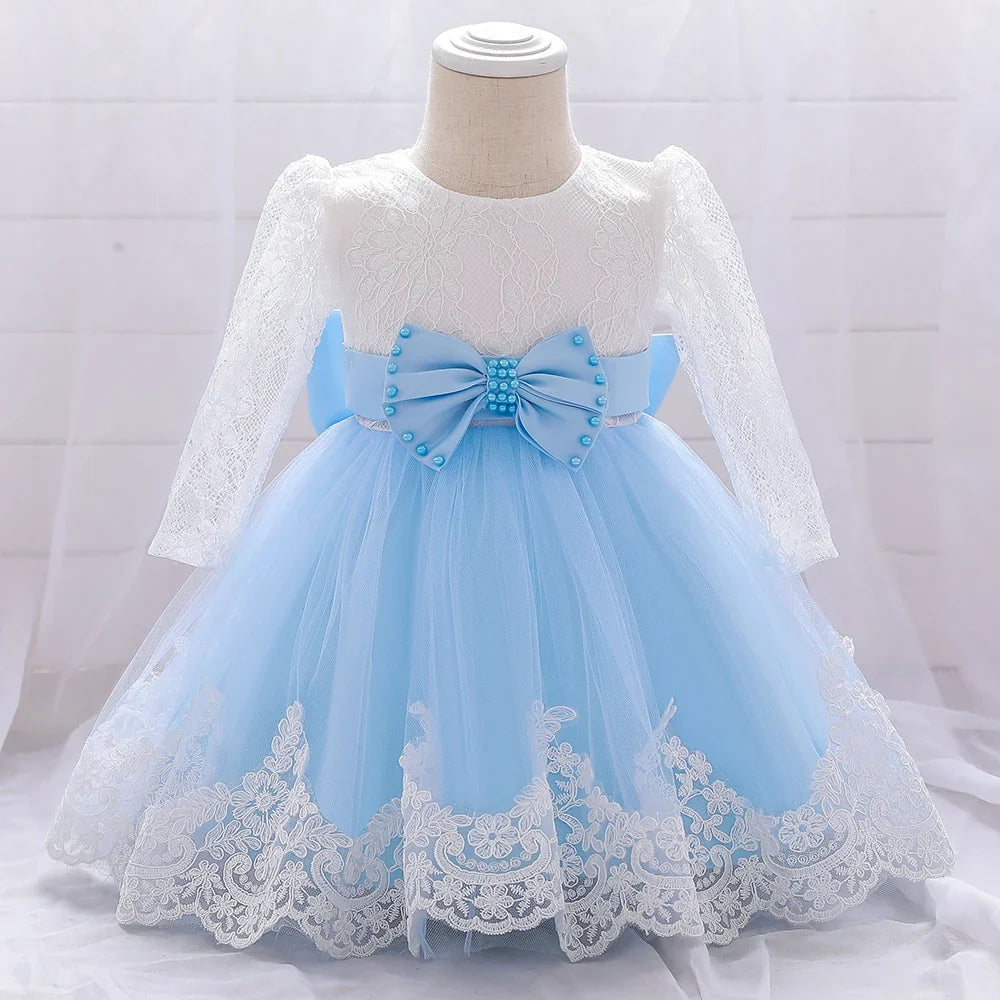 Long Sleeve Baby Girls Dress Newborn White Baptism Tulle Party Wedding 1st Birthday Princess Dresses Infant Girls Bow Prom Gown