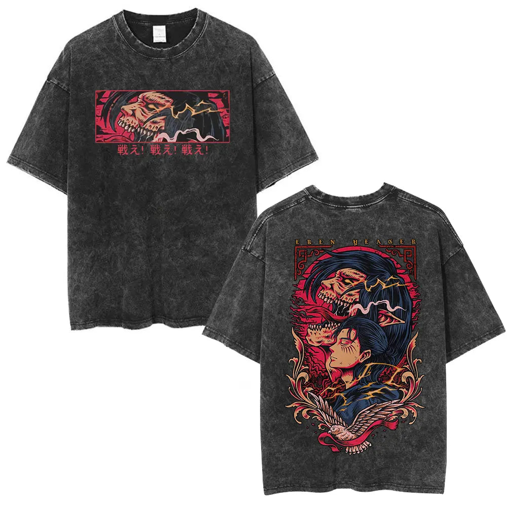 Anime Attack on Titan Washed T-Shirt Ackerman Mikasa Eren Jaeger Cherry Blossom Graphics Logo T Shirt Men Women Cotton T Shirts